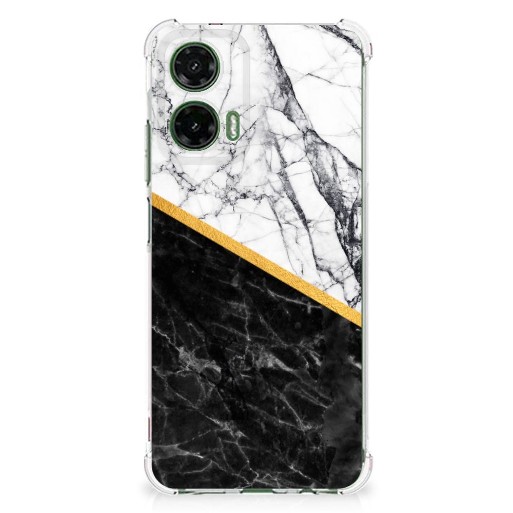 Motorola Moto G35 Anti-Shock Hoesje Marmer Wit Zwart - Origineel Cadeau Man