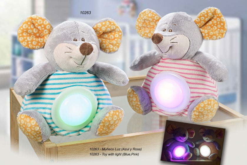 lichtgevende knuffelmuis 24 cm grijs/roze