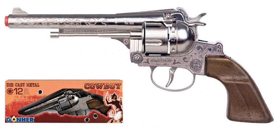 Speelgoed revolver cowboy 12 schots staal zilver