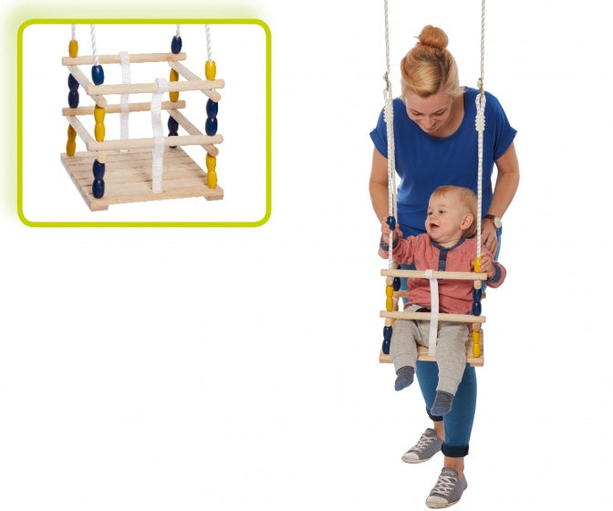 houten schommelzitje met tralies 30 cm blauw/geel