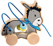 houten trekfiguur ezel met kralenframe 15 cm blauw