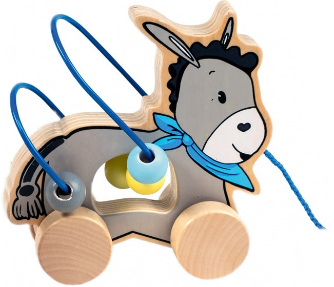houten trekfiguur ezel met kralenframe 15 cm blauw
