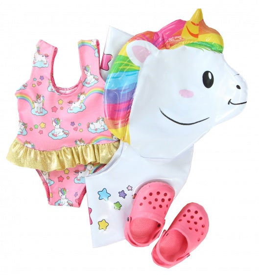 roze zwemset eenhoorn voor poppen van 35-45 cm 3-delig