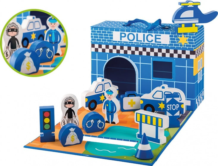 speelset politiebureau hout 13-delig junior blauw