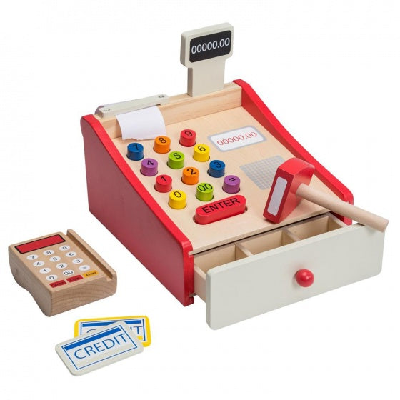 houten kassa met scanner