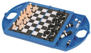 schaken en dammen reisspel 25 cm blauw/zwart/wit