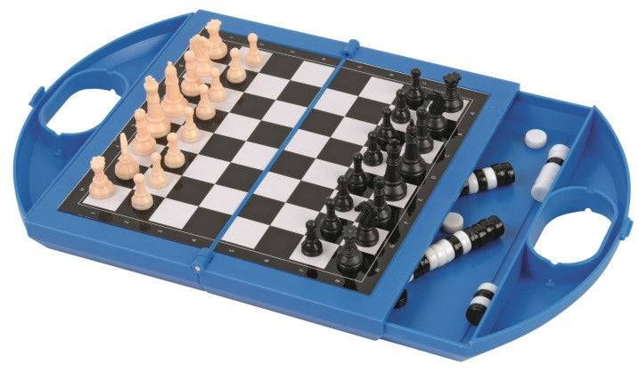 schaken en dammen reisspel 25 cm blauw/zwart/wit