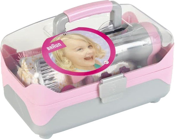 beauty case met Braun föhn roze/grijs 15-delig