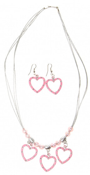 halsketting met oorbellen Hearts roze 3-delig