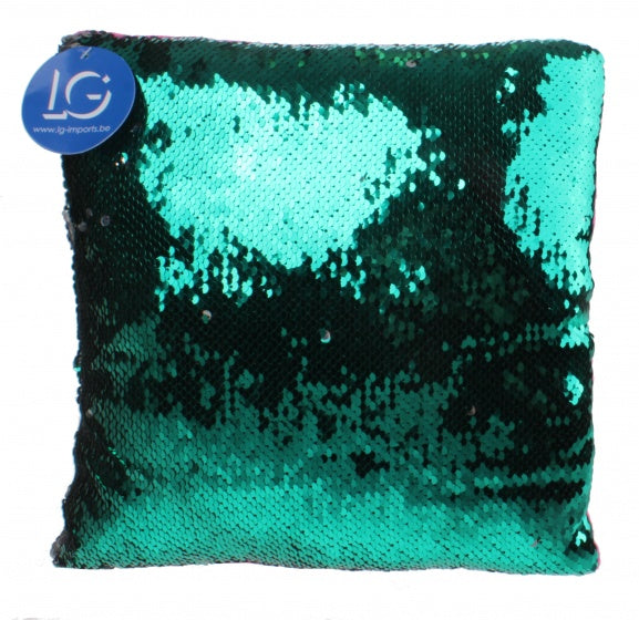kussen met pailletten 29 cm roze-groen-zilver