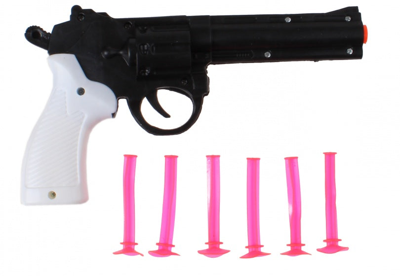 politiepistool 20 cm met 6 pijlen zwart/wit