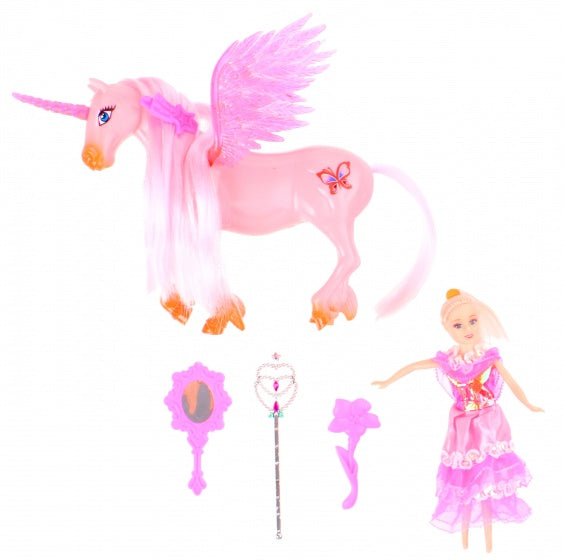 speelset eenhoorn met prinses 18 cm roze