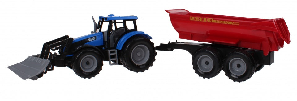 tractor met aanhanger 52 cm blauw/rood