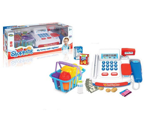 speelgoedkassa met boodschappen en winkelmand 22 cm blauw