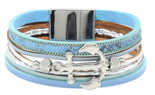 armband Anker unisex 19 cm leer blauw/zilver