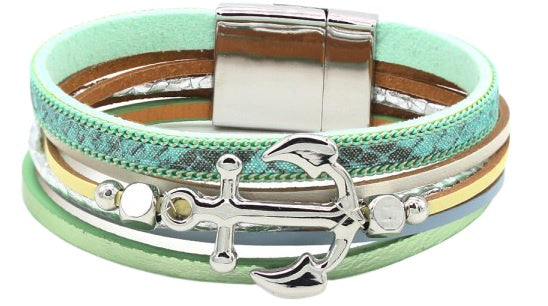 armband Anker unisex 19 cm leer groen/zilver