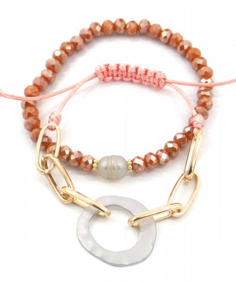 armband Fien dames elastisch goud/roze 2 stuks
