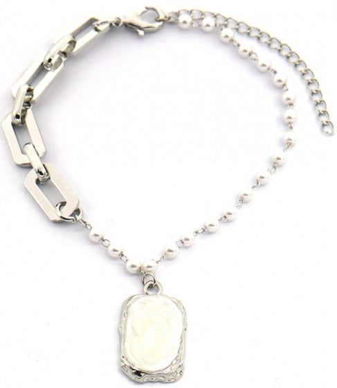 schakelarmband Julia dames 18-22 cm RVS zilver/parelmoer