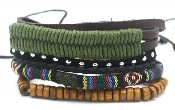 armbanden Juul trekkoord leer/hout bruin/groen 7-delig