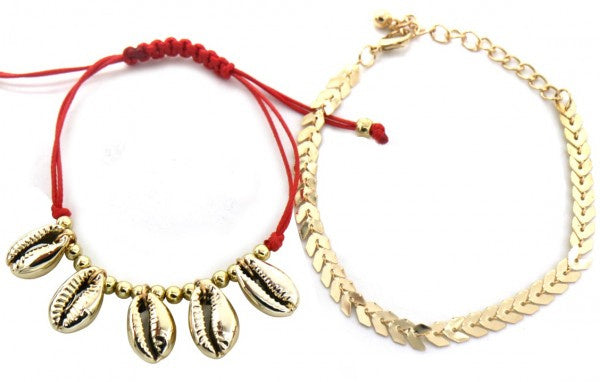 schelpenarmband Anne dames rood/goud 2 stuks