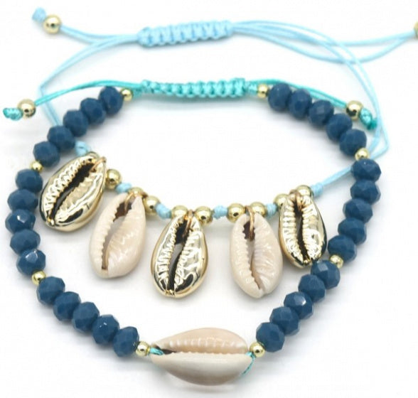 schelpenarmband Julie dames blauw 2 stuks
