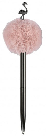 balpen pompom Flamingo 19 cm roze/zwart