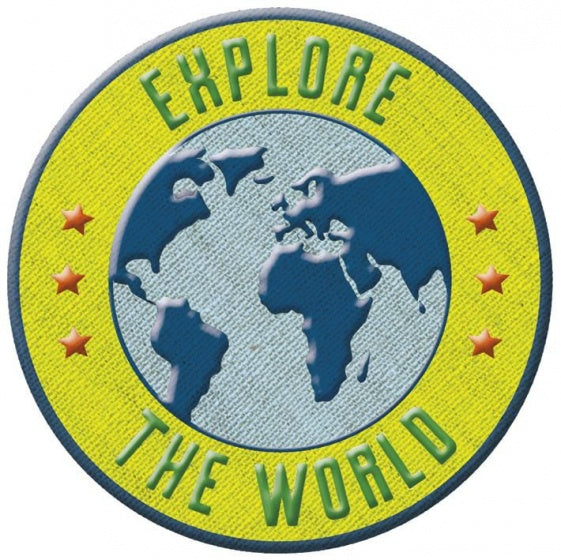 opstrijkpatch Explore the World 6 cm blauw/geel