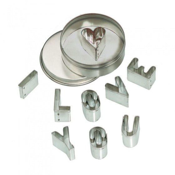 uitsteekvormen in blik I love you zilver 7 cm 8 stuks