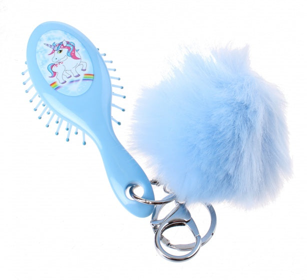 haarborstel en pom-pom sleutelhanger eenhoorn 12 cm blauw