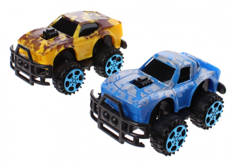 monstertrucks dino-print 6 cm 2 stuks blauw/geel