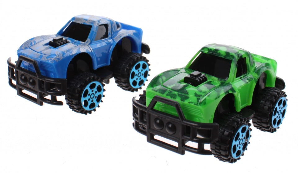 monstertrucks dino-print 6 cm 2 stuks blauw/groen