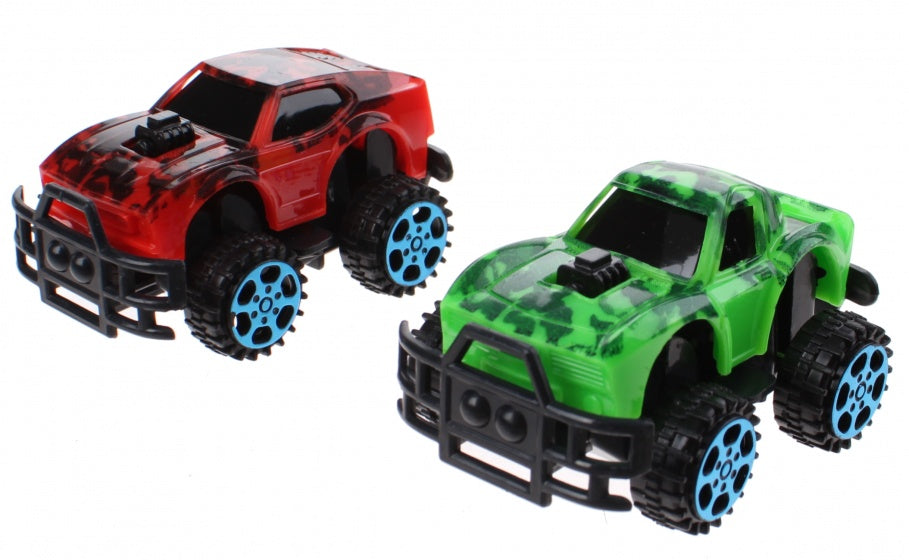 monstertrucks dino-print 6 cm 2 stuks groen/rood