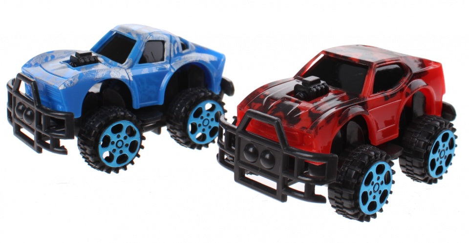 monstertrucks dino-print 6 cm 2 stuks rood/blauw