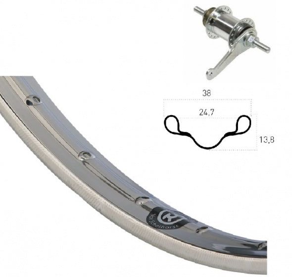 achterwiel met remnaaf 28 x 1 1/2 inch staal/RVS zilver