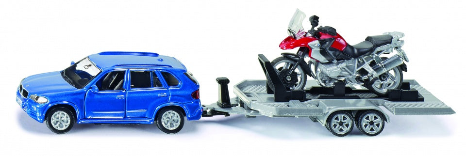 BMW X5 met BMW R1200 GS motor op trailer blauw/rood (2547)