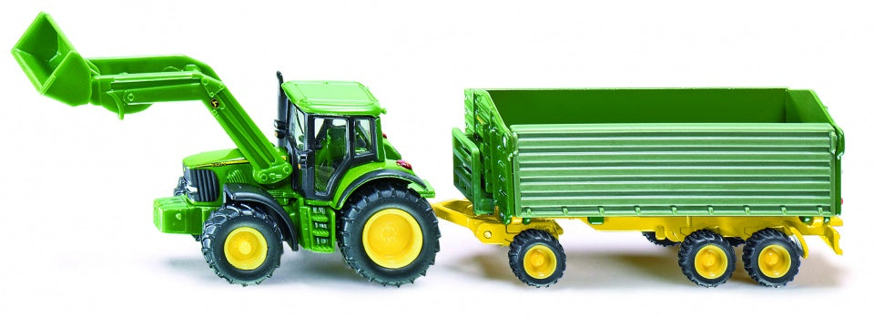 John Deere tractor met voorlader en aanhangwagen groen (1843)