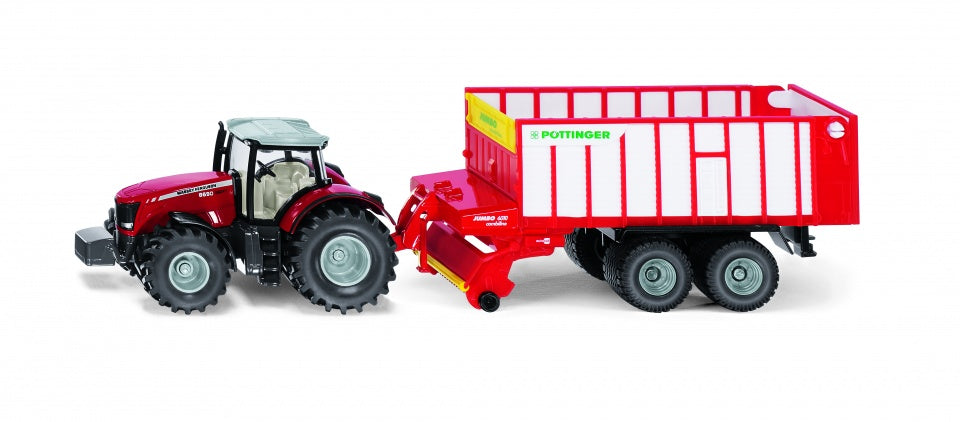 Massey Ferguson tractor met Pöttinger hakselwagen rood (1987)