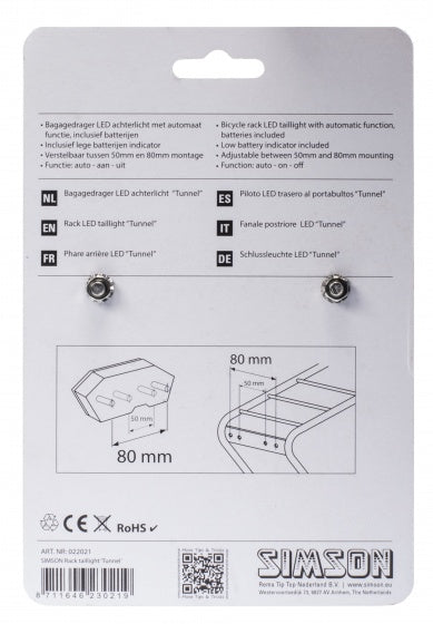 achterlicht Tunnel led batterij bagagedrager rood