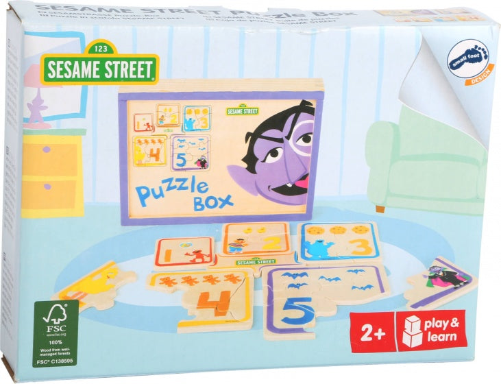 houten puzzelbox Sesamstraat 18 cm 5 puzzels