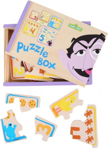houten puzzelbox Sesamstraat 18 cm 5 puzzels
