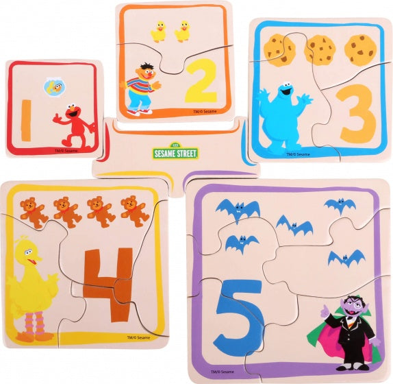 houten puzzelbox Sesamstraat 18 cm 5 puzzels