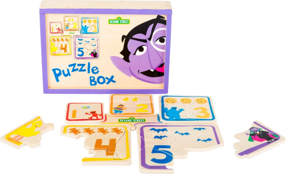 houten puzzelbox Sesamstraat 18 cm 5 puzzels