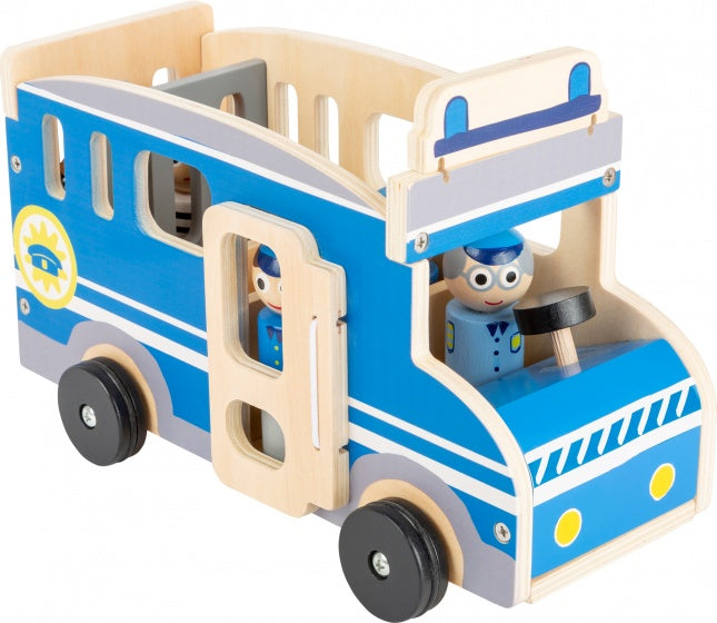 politiebus XL hout jongens 30 cm blauw 6-delig