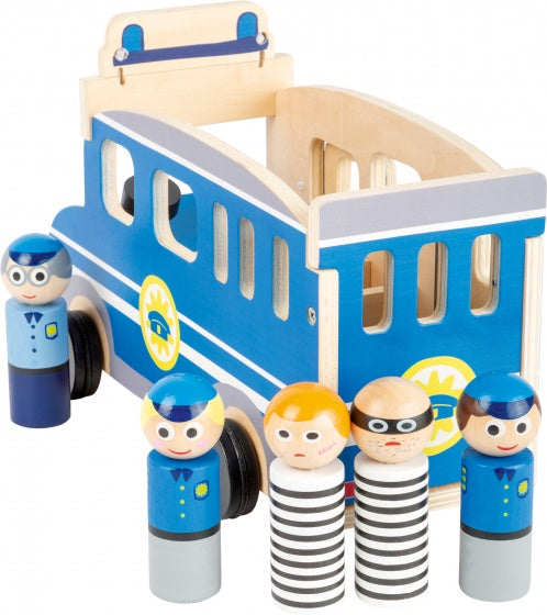 politiebus XL hout jongens 30 cm blauw 6-delig