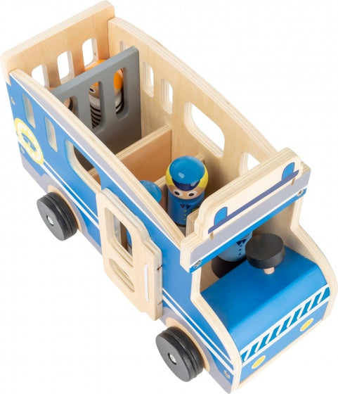 politiebus XL hout jongens 30 cm blauw 6-delig
