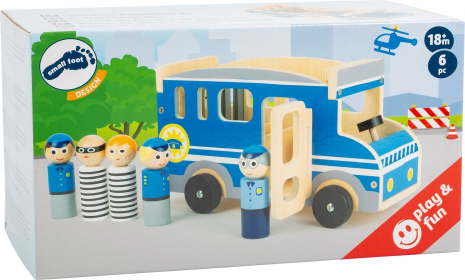 politiebus XL hout jongens 30 cm blauw 6-delig