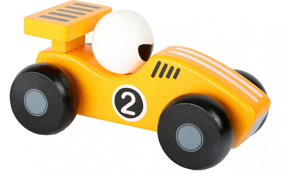 raceauto hout geel/wit 13 x 6 cm