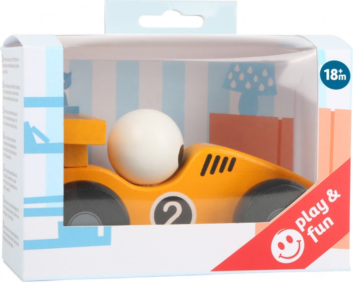 raceauto hout geel/wit 13 x 6 cm