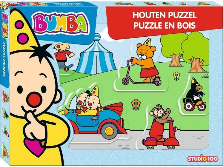 houten vormenpuzzel Bumba voertuigen 5 stukjes