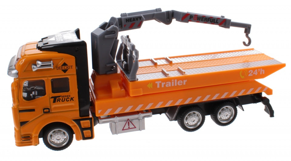takelwagen diecast 20 cm pull-back geel/grijs